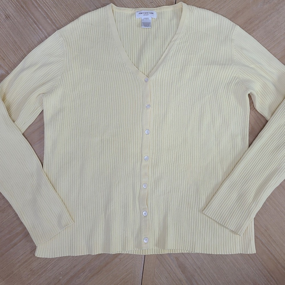 Jones New York Cardigan Women Large Yellow Fair Vintage Ribbed Cotton V-Neck